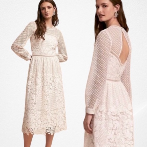 BHLDN NWOT Eyelet Lace Dress Edina Anthropologie 6 White Sheer Midi Tea Length - Picture 1 of 13